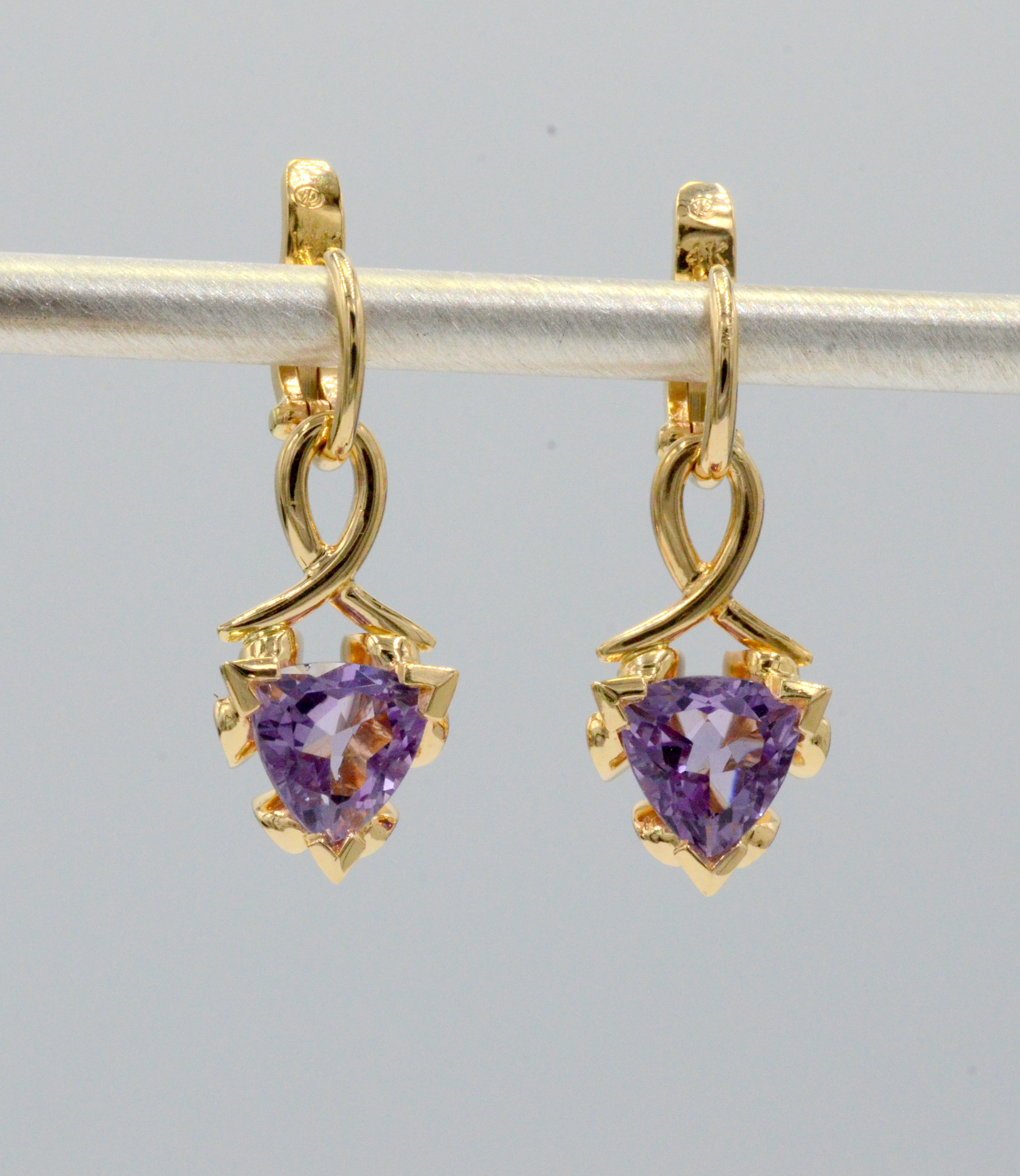 Amethyst Trillion Euro Charm Earrings with a creative scroll pattern in the gold work. Euro Charm Earrings to be worn with our signature Euro Wires. Go to "About Store" for more information in regard to our Euro Wires.